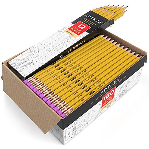 Arteza Lápices HB2, caja de 180 lapiceros de madera afilados de fábrica con goma de borrar sin látex, pack de lápices negros de grafito para suministros de oficina y material escolar