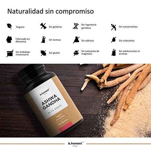 Ashwagandha - 240 cápsulas, alta dosis con 1950 mg por dosis diaria (650 mg por cápsula) - Bufera india - Producto vegano, probado en laboratorio y fabricado en Alemania