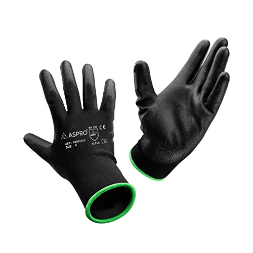 ASPRO 10 Pares de Guantes de Trabajo y Jardinería-Guantes de nylon negro con recubrimiento de poliuretano (PU) para obra, jardinería, mecánica, construcción, almacenes etc. Talla S (7)