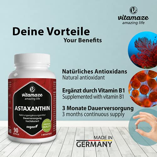 Astaxantina Cápsulas Vegana de Alta Dosis, 4 mg de Astaxantina Natural en Polvo de Algas, 90 Cápsulas para 3 Meses, Suplemento Alimenticio herbal sin Aditivos