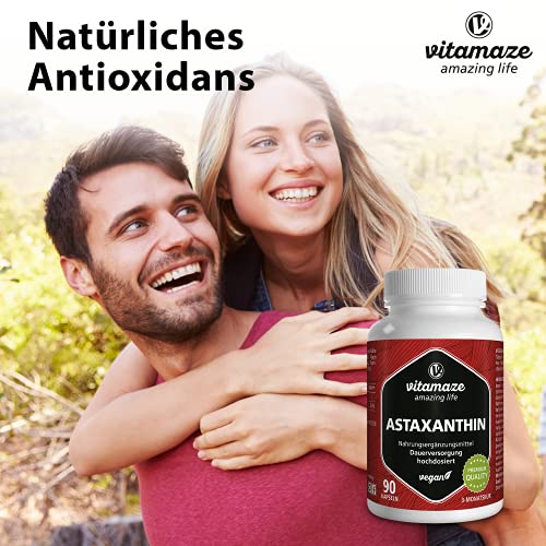 Astaxantina Cápsulas Vegana de Alta Dosis, 4 mg de Astaxantina Natural en Polvo de Algas, 90 Cápsulas para 3 Meses, Suplemento Alimenticio herbal sin Aditivos