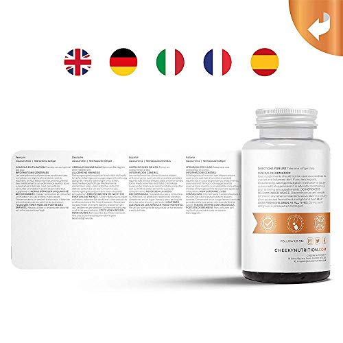 Astaxantina natural 12 mg, cápsulas blandas de absorción rápida, 180 cápsulas (6 meses de suministro). Fabricada en Reino Unido por Cheeky Nutrition