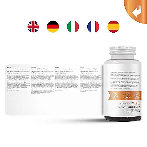 Astaxantina natural 12 mg, cápsulas blandas de absorción rápida, 180 cápsulas (6 meses de suministro). Fabricada en Reino Unido por Cheeky Nutrition