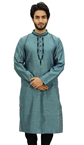 Atasi Indumentaria etnica India para Hombres: Pijama Kurta Gris, Camisa Larga Estampada-XXX-Large