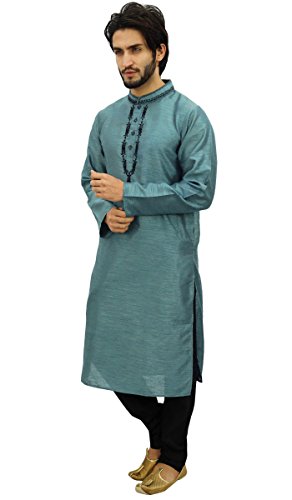 Atasi Indumentaria etnica India para Hombres: Pijama Kurta Gris, Camisa Larga Estampada-XXX-Large