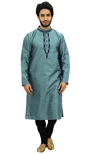 Atasi Indumentaria etnica India para Hombres: Pijama Kurta Gris, Camisa Larga Estampada-XXX-Large
