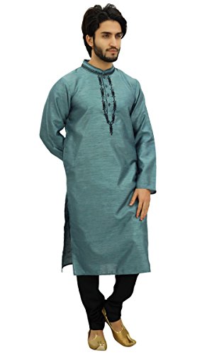 Atasi Indumentaria etnica India para Hombres: Pijama Kurta Gris, Camisa Larga Estampada-XXX-Large