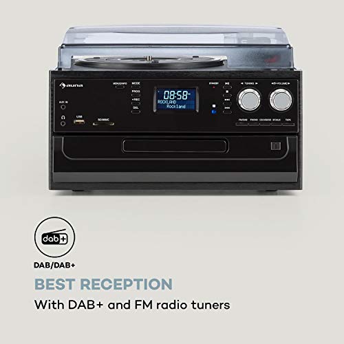 auna Oakland Dab Cadena estéreo - Reproductor de vinilos, CD y de Casete , Sintonizador de Radio Dab+/FM , Puerto USB y SD , Bluetooth , Transmisión a 33, 45 y 78 RPM , Mando a Distancia , Negro