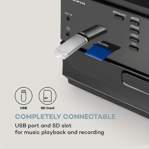 auna Oakland Dab Cadena estéreo - Reproductor de vinilos, CD y de Casete , Sintonizador de Radio Dab+/FM , Puerto USB y SD , Bluetooth , Transmisión a 33, 45 y 78 RPM , Mando a Distancia , Negro