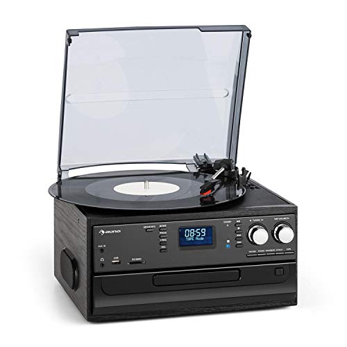 auna Oakland Dab Cadena estéreo - Reproductor de vinilos, CD y de Casete , Sintonizador de Radio Dab+/FM , Puerto USB y SD , Bluetooth , Transmisión a 33, 45 y 78 RPM , Mando a Distancia , Negro