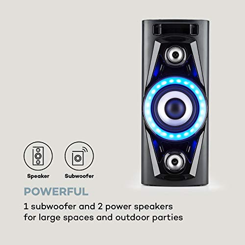 auna PPS 35 - Systema de Audio, Altavoces, Subwoofer 14 cm, 40 W de Potencia Media, Bluetooth, 2 Puertos USB con MP3, AUX, Entrada de Guitarra, Iluminación LED, Micrófono, Batería, Negro