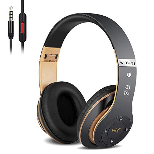 Auriculares Cerrados Inalámbricos 6S, Alta fidelidad Estéreo Auriculares Estéreo Inalámbricos Plegables, Micrófono Incorporado, Micro SD/TF, FM (para iPhone/Samsung/iPad/PC) (Negro y Oro)