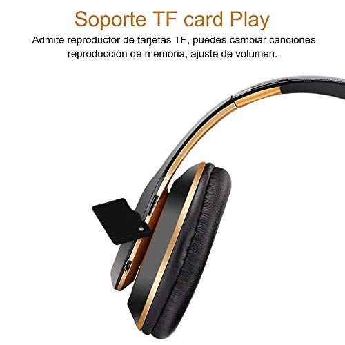 Auriculares Cerrados Inalámbricos 6S, Alta fidelidad Estéreo Auriculares Estéreo Inalámbricos Plegables, Micrófono Incorporado, Micro SD/TF, FM (para iPhone/Samsung/iPad/PC) (Negro y Oro)