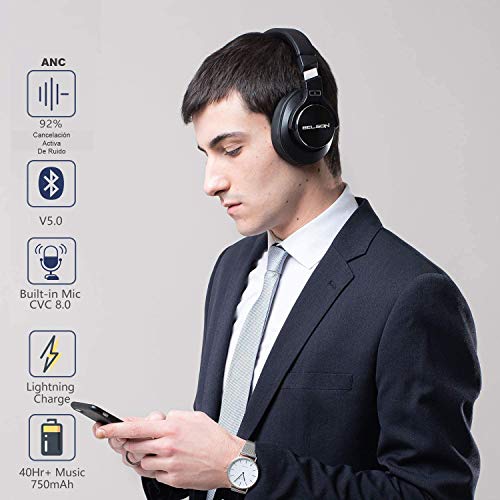 Auriculares Inalámbricos con Cancelación Activa de Ruido ANC Bluetooth 5.0 BSA-75ANC Color Negro | Chip CSR, Micrófono HD con CVC8.0 | De 30 a 40 Horas de reproducción y Carga en 2 Horas.