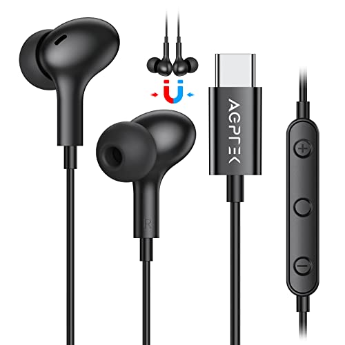 Auriculares Tipo C Magnéticos, AGPTEK Cascos Tipo C USB In-Ear Sonido Estéreo con Micrófono, Aislamiento de Ruido para Huawei P40 Pro/P30/Mate20 Pro, Xiaomi Mi 8SE/9/10 Pro, Samsung Note10/S20/S21