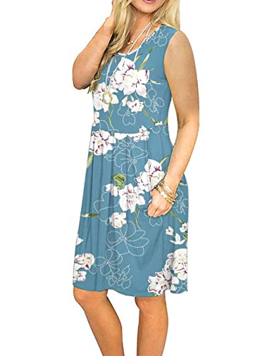 AUSELILY Vestido Informal sin Mangas con Pliegues Sueltos y Pliegues con Bolsillos hasta la Rodilla.(Flor Azul Claro,XL)