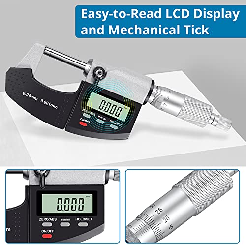 AUTOUTLET Micrómetro Exterior Digital 0-25 mm / 0,001 mm (0,00005"), Micrómetro digital LCD, Deslizador de micrómetro Medición métrica/pulgada, Herramienta de medición de alta precisión Micrómetro