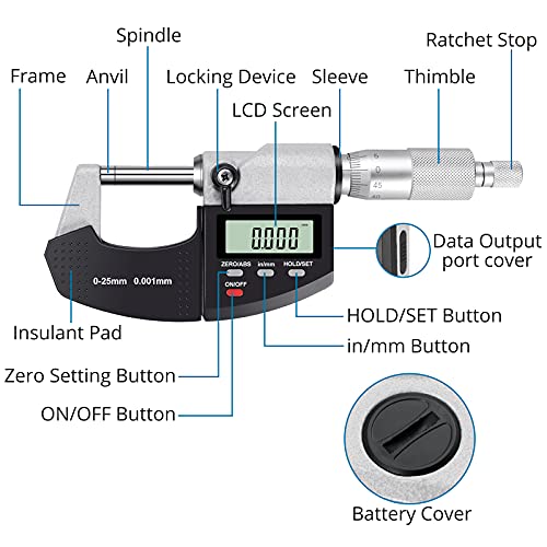 AUTOUTLET Micrómetro Exterior Digital 0-25 mm / 0,001 mm (0,00005"), Micrómetro digital LCD, Deslizador de micrómetro Medición métrica/pulgada, Herramienta de medición de alta precisión Micrómetro