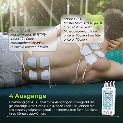 AUVON Electroestimulador TENS de 4 salidas, TENS EMS para terapia de alivio del dolor con masajeador de pulso eléctrico de 24 modos, 10 piezas de electrodos premium de 2"x 2" con diseño patentado
