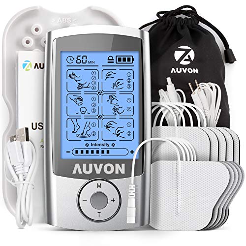 AUVON TENS/EMS Electroestimulador recargable con 16 programas, 2 canales y 10 Electrodos TENS con diseño patentado para aliviar el dolor muscular de en la espalda, el cuello y los hombros