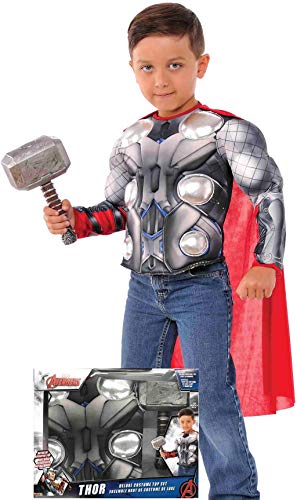 Avengers - Disfraz de Thor para niños, pecho musculoso y martillo, infantil 5-7 años (Rubie's 34104)
