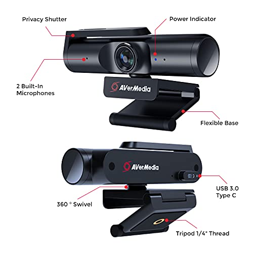 AverMedia Live Streamer CAM 513 - Webcam con gran angular 4K con cubierta de cámara web, micrófono integrado, plug & play para juegos, stream, video llamada, color negro