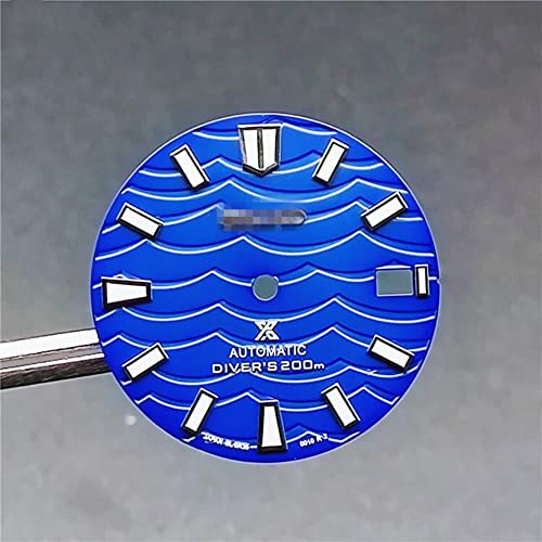 Azul 28.5MM onda diseño reloj dial C3 verde luminoso dial para NH35 movimiento automático reloj