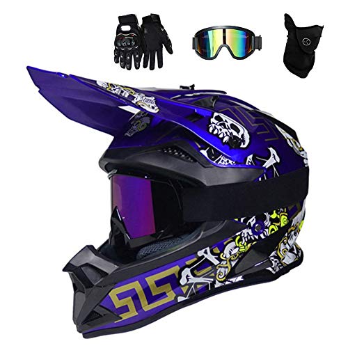 Azul/Cráneo - Casco de Motocross Hombre con Gafas (4 Pcs) Casco Enduro Adulto con Forro Extraíble, Pro Casco MTB Integral Cross Protecciones Moto para MX Quad Descenso Enduro Motocicleta,M