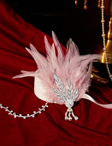 BABEYOND Anillo de la Flapper de los años 20 Anillo de la pluma Gran venda de Gatsby Accesorios de la aleta de los años 20 Desfile del art déco Partido temático (Plata y Pluma Rosa)
