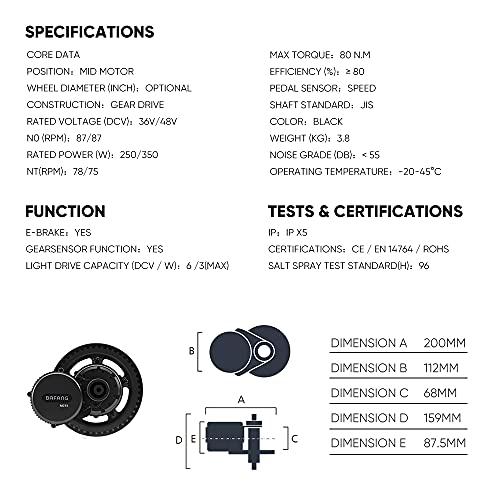 BAFANG Motor Central 250W 36V/48V BBS01 Kit de Conversión de Bicicleta Eléctrica, Pantalla LCD, Rueda de Cadena 44T con Sensor de Engranajes de Metal para Bicicletas de Montaña