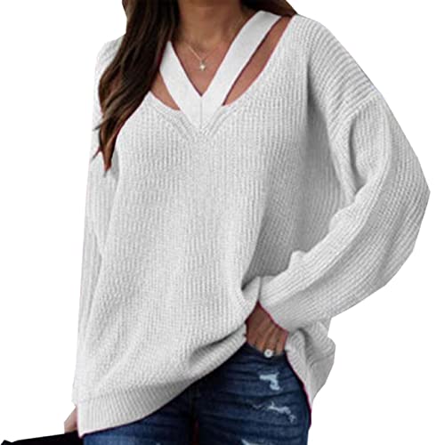 BAIXIAOCHI OtoñO / Invierno SuéTer De Manga Larga De Color SóLido Pullover SuéTer Suelto con Cuello En V Mujer