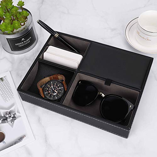 Bandeja de Valet Cuero para Hombres - Caja de Almacenamiento Escritorio o Aparador Organizador, Captura para Llaves, Teléfono, Billetera, Moneda, Joyería y Mesa de Noche (Negro, 25 x 19 x 5cm)