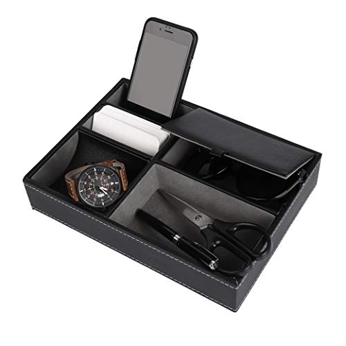 Bandeja de Valet Cuero para Hombres - Caja de Almacenamiento Escritorio o Aparador Organizador, Captura para Llaves, Teléfono, Billetera, Moneda, Joyería y Mesa de Noche (Negro, 25 x 19 x 5cm)