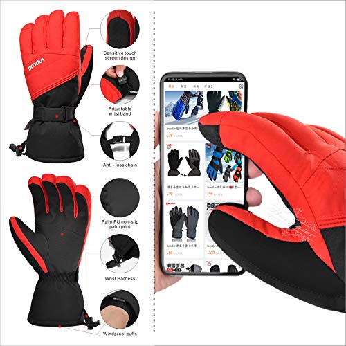 Baogaier Guantes de Esquí Antideslizantes Invierno Deporte Hombre Mujer Táctil Impermeables Guantes Nieve Cálido para Clima Frío Pesca en Hielo Trineo Snowboard Ciclismo Senderismo Intemperie, Rojo XL