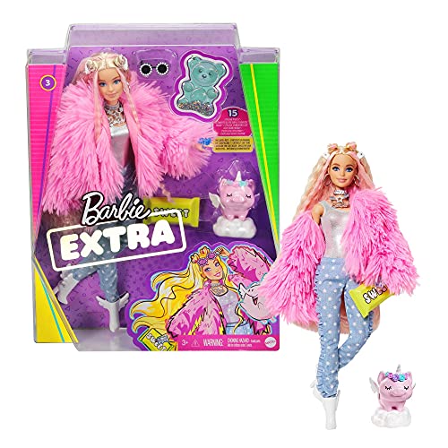 Barbie Extra n.º 3 - Muñeca Articulada con Abrigo Rosa y Mascota Unicornio-Cerdito - Incluye 15 Accesorios - Regalo para Niños de 3+ Años