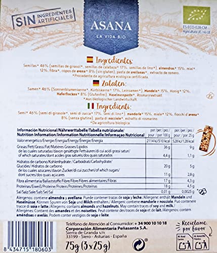 Barritas Ecológicas de Semillas y Frutos Secos. Energéticas. Sin Gluten. Bajas en Azúcar. Altas en Fibra y Proteínas. Vegetarianas. Snack Saludable. Pack de 12 Unidades de 25 g Cada Una