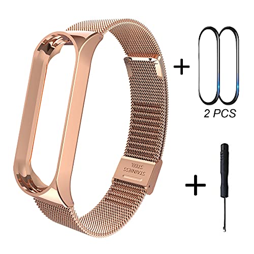 BDIG Correa Compatible para Xiaomi Mi Band 6 & Mi Band 5 Correas Metal + 2 Piezas Mi6/5 TPU Protector Pantalla, Pulsera de Acero Inoxidable Agradable para MiBand 5 MiBand 6 Correa (No Host), Oro Rosa