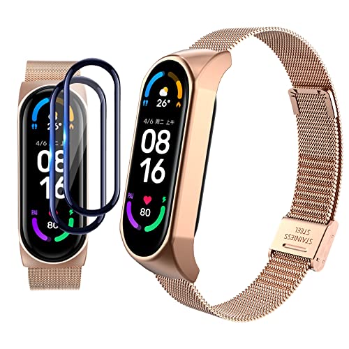 BDIG Correa Compatible para Xiaomi Mi Band 6 & Mi Band 5 Correas Metal + 2 Piezas Mi6/5 TPU Protector Pantalla, Pulsera de Acero Inoxidable Agradable para MiBand 5 MiBand 6 Correa (No Host), Oro Rosa