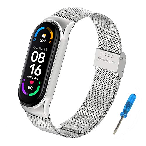 BDIG Correa Compatible para Xiaomi MiBand 6 & MiBand 5 Correas Metal, Mi Band 4/3 Pulsera de Acero Inoxidable Agradable para Mi Band 6/5 Correa (No Host)(Plata)