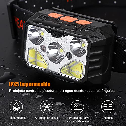 bedee Linterna Frontal, Frontal LED Recargable, Linterna Cabeza 7 Modos con Sensor y Luz Roja, 2 Unidades 1500 Lúmenes linterna Frontal LED Recargable Impermeable IPX5 para Running, Acampar, Pesca