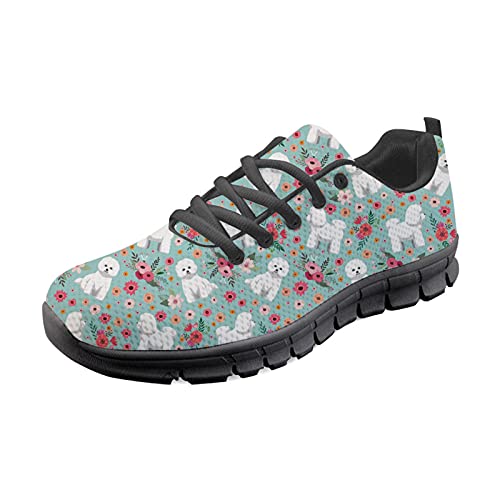 Belidome Dog Bichon Frise Flower Sneaker Mujeres Zapatillas Planas Zapatos con Cordones para Hombres Niñas Durable Transpirable