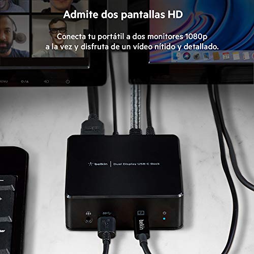 Belkin estación dock USB-C para dos monitores (85 W de Power Delivery, HDMI, USB-A 3.1 Gen 1, USB-C, Gigabit Ethernet, entrada/salida de audio para MacBook, XPS y otros portátiles con USB-C)