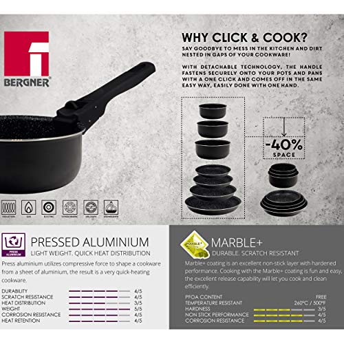 Bergner Click & Cook Black Set 5 sartenes 20/22/24/26/28 CON 2 mangos Click&Cook, aluminio prensado, aptas para inducción, Negro