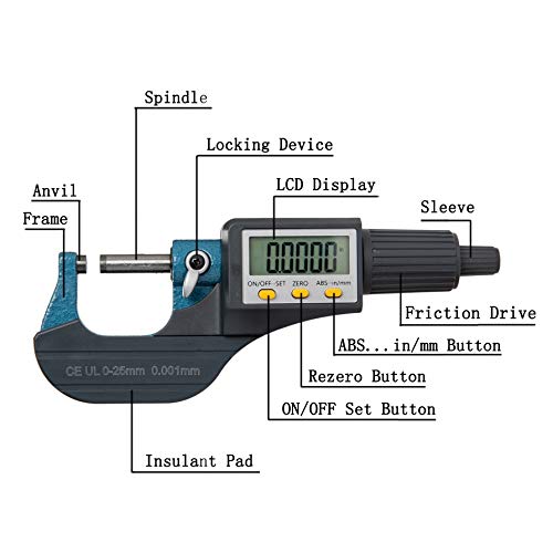 Beslands Digital micrómetro 0 – 25 mm Alta Precisión electrónica digital Conectores conectores deslizante Longitud Herramienta de medición Conectores 0.001 mm (0,001), Gris
