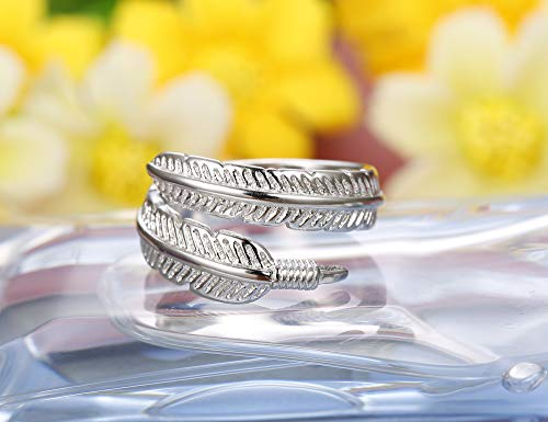 Besteel Anillo De Plata Esterlina 925 para Mujer Niñas Anillos de Compromiso Boda Pluma Anillo Hojas Alas de Angel Vintage Anillo Abierto Ajustable