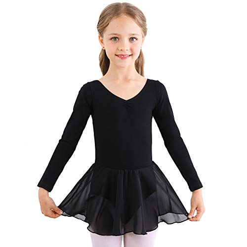 Bezioner Vestido de Ballet Maillot de Danza Gimnasia Leotardo Algodón Body Clásico para Niña (110 (100-110cm,4-5 años), Negro Manga Larga)