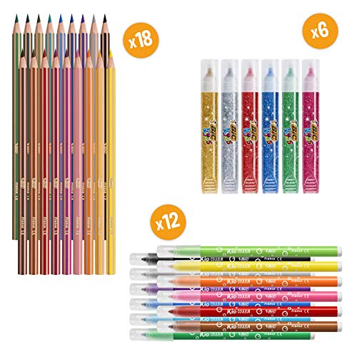 BIC My Colouring Box - Kit para Colorear con 12 Marcadores/18 Lápices de colores/6 Tubos de Pegamento con Purpurina/1 Libro para Colorear y 36 Adhesivos