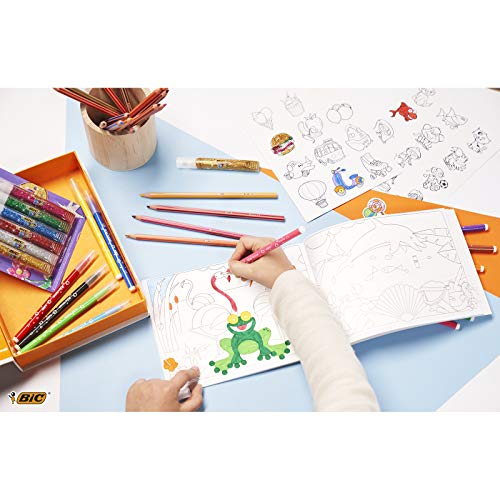 BIC My Colouring Box - Kit para Colorear con 12 Marcadores/18 Lápices de colores/6 Tubos de Pegamento con Purpurina/1 Libro para Colorear y 36 Adhesivos