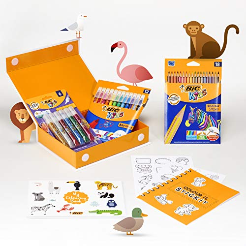 BIC My Colouring Box - Kit para Colorear con 12 Marcadores/18 Lápices de colores/6 Tubos de Pegamento con Purpurina/1 Libro para Colorear y 36 Adhesivos