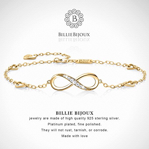 Billie Bijoux Pulsera de plata esterlina Mujer Símbolo Amor Infinito Brazalete de mujer ajustable regalo pulsera de tobillo ideal el día de San Valentín (oro)
